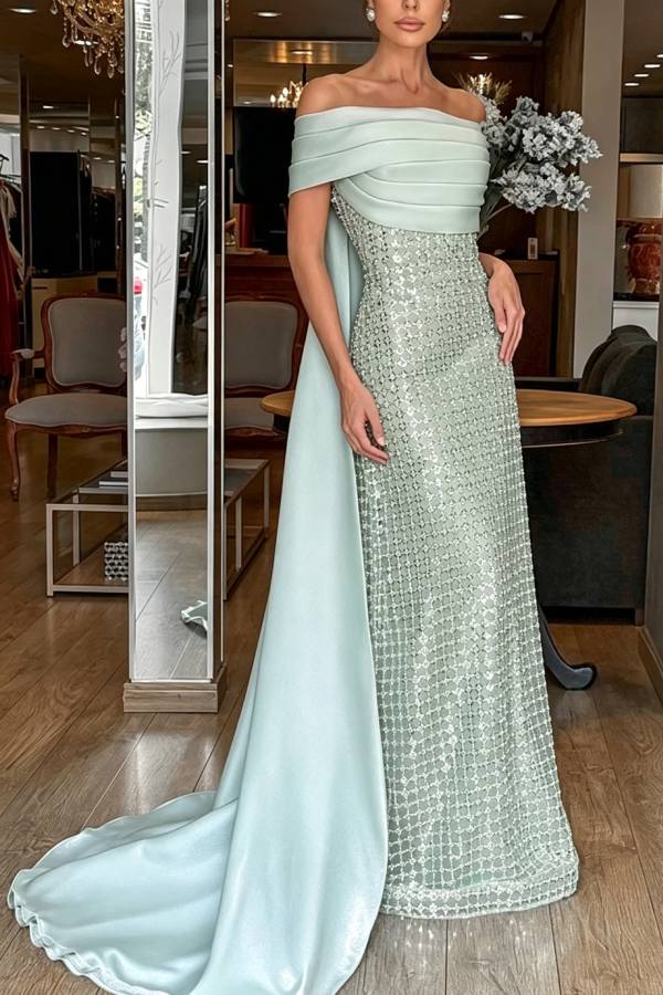 Lauren Satin and Sequin Embroidered Fabric Off Shoulder Shawl Maxi Dress