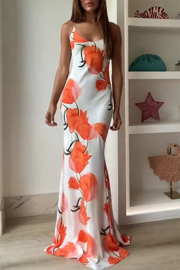 Charming Tulip Print Backless Crisscross Straps Flare Scarf Maxi Dress