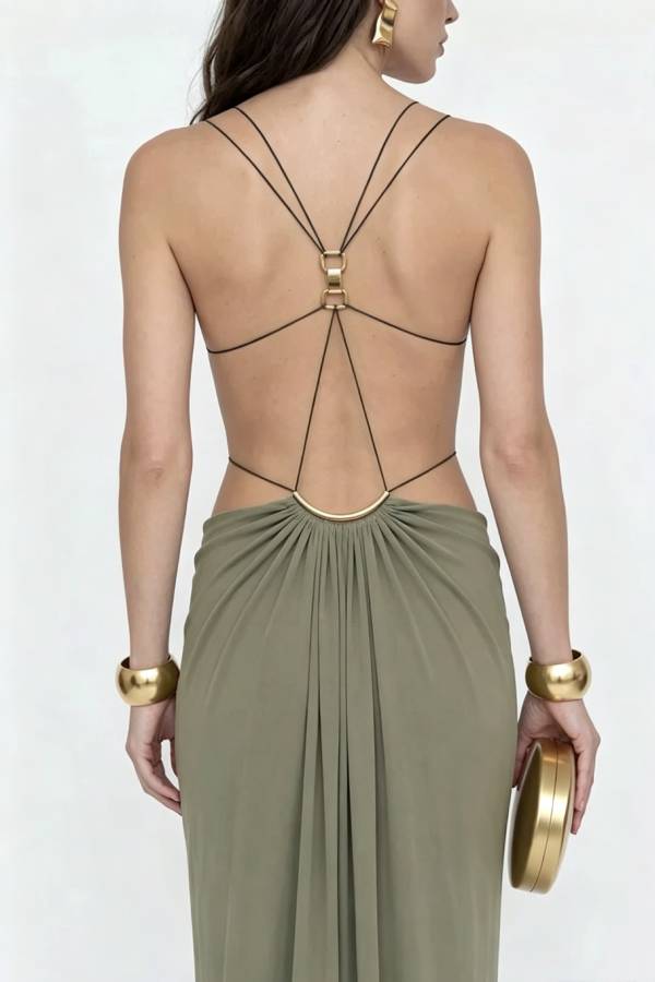 Athena Metal-Link Cutout Design Back Lace-up Drape Maxi Dress