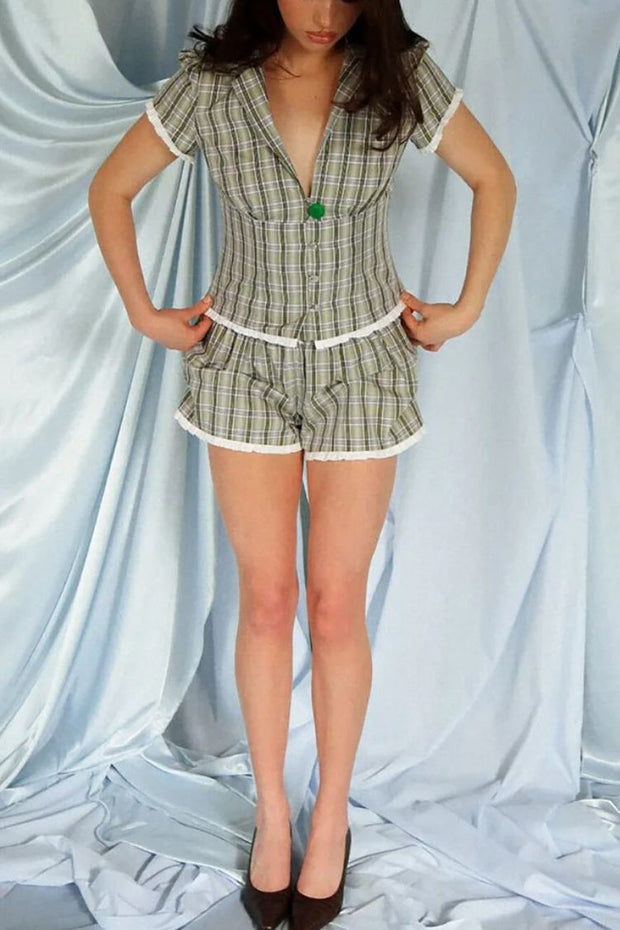 Frilled Trim Plaid Print V Neck Short Sleeve Blouse Shorts 2pcs Set