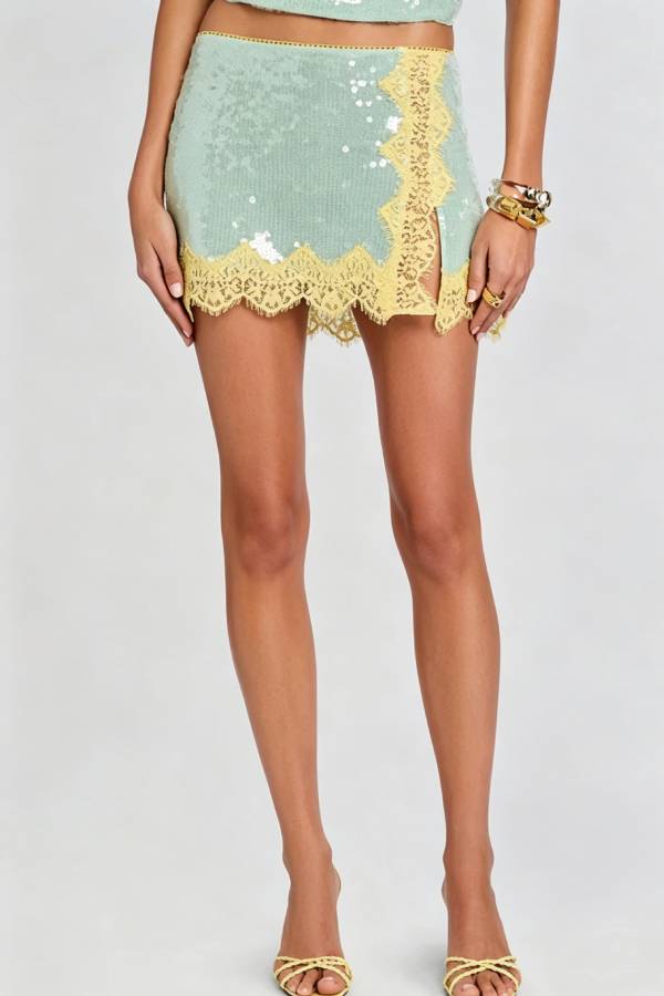 Morgen Sequin Color-Block Lace Trim Tank and Mid Waist Slit Mini Skirt Set