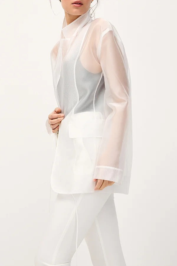 Simple and Light See-through Fabric Tie-up Long Sleeve Pocket Lapel Blazer