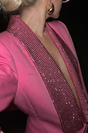 DEEP V NECK RHINESTONE DOUBLE BREASTED LONG SLEEVE BLAZER MINI DRESSES