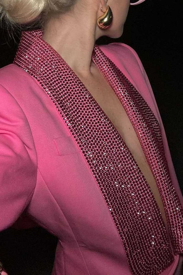 DEEP V NECK RHINESTONE DOUBLE BREASTED LONG SLEEVE BLAZER MINI DRESSES
