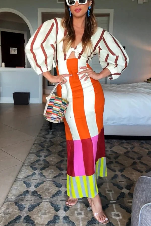 Kaya Linen Blend Color Block Print Front Cutout Knot Puff Sleeve Maxi Dress