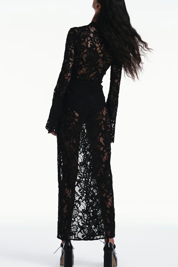 Garcelle Floral Lace Lace-up Long Bell Sleeve Slit Midi Dress