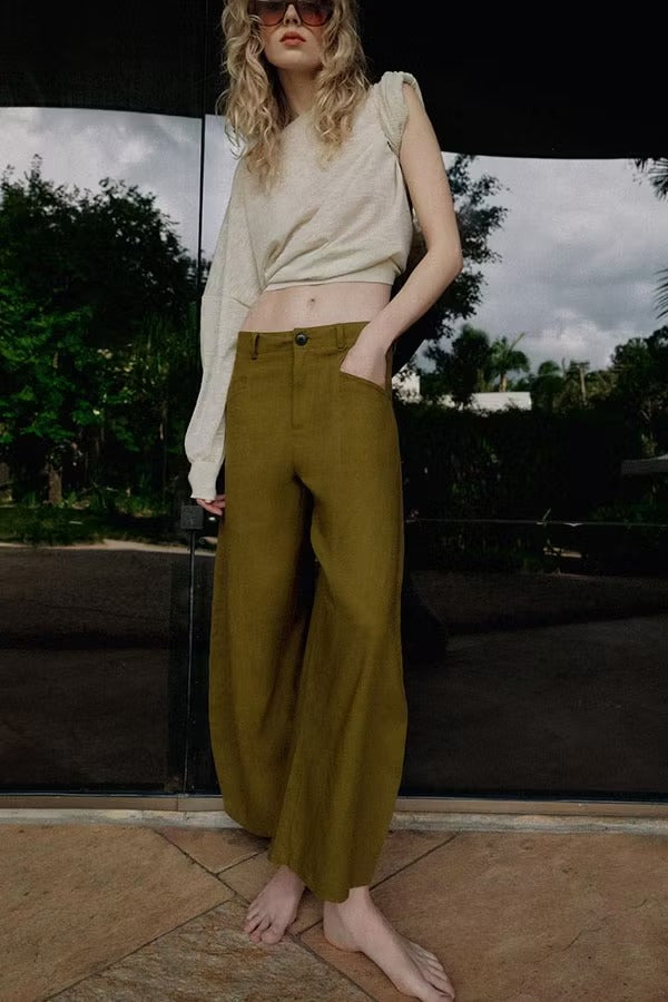 Rosabelle Linen Blend Mid Rise Pocket Loose Balloon Pants