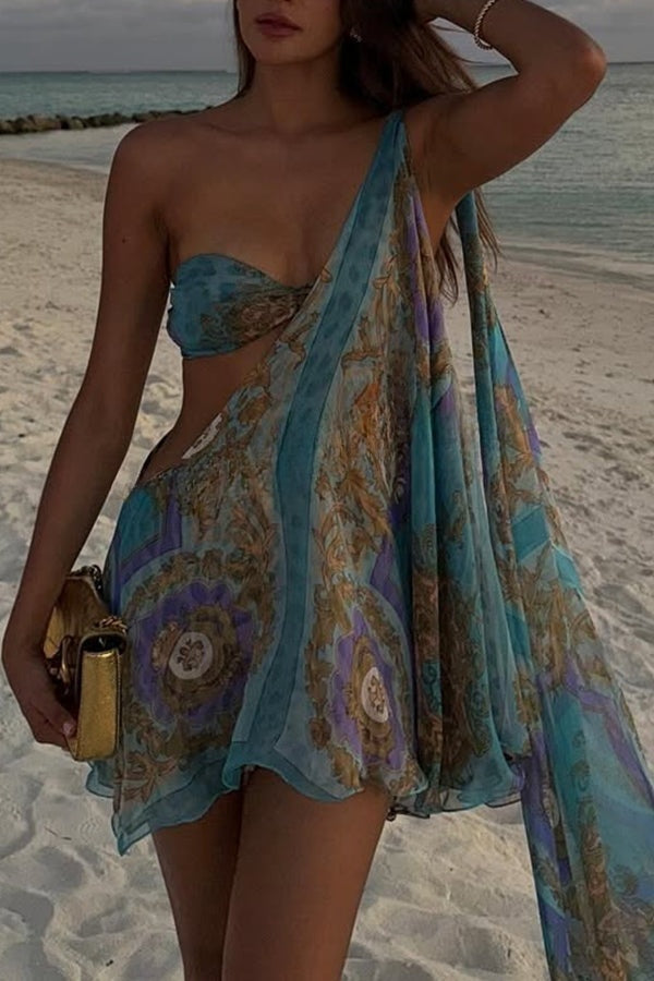 Antari Pleated Tube Top One Shoulder Tie-up Vacation Mini Dress