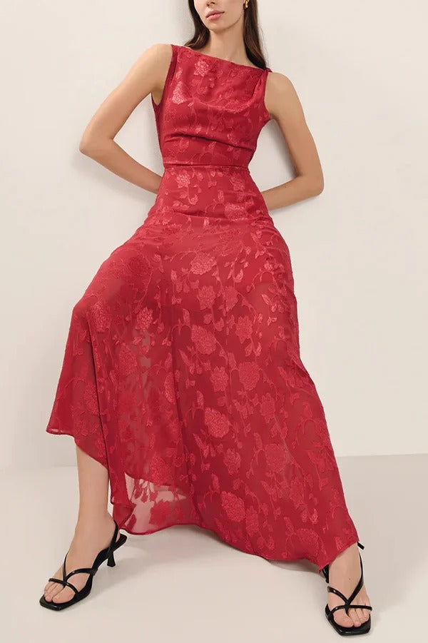 Fashion Jacquard Elegant Backless Lace-up Slim Irregular Maxi Dress