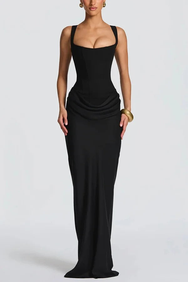 Larrah Square Neck Back Lace-up Satin Drape Hem Maxi Dress