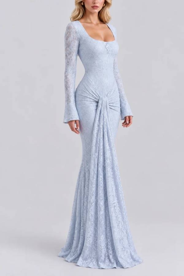 Square Neck Long Sleeve Lace Draped Front Maxi Dress