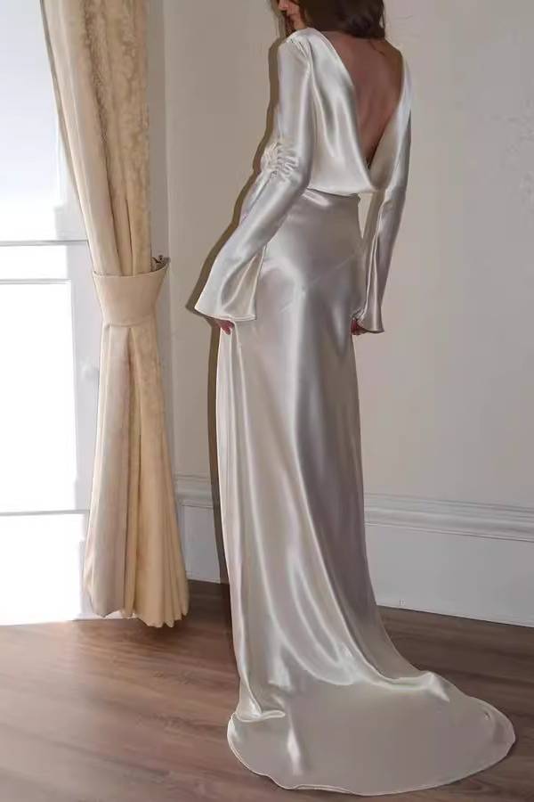 Satin Cowl-Back Long-Sleeve Fitted Mermaid Gown
