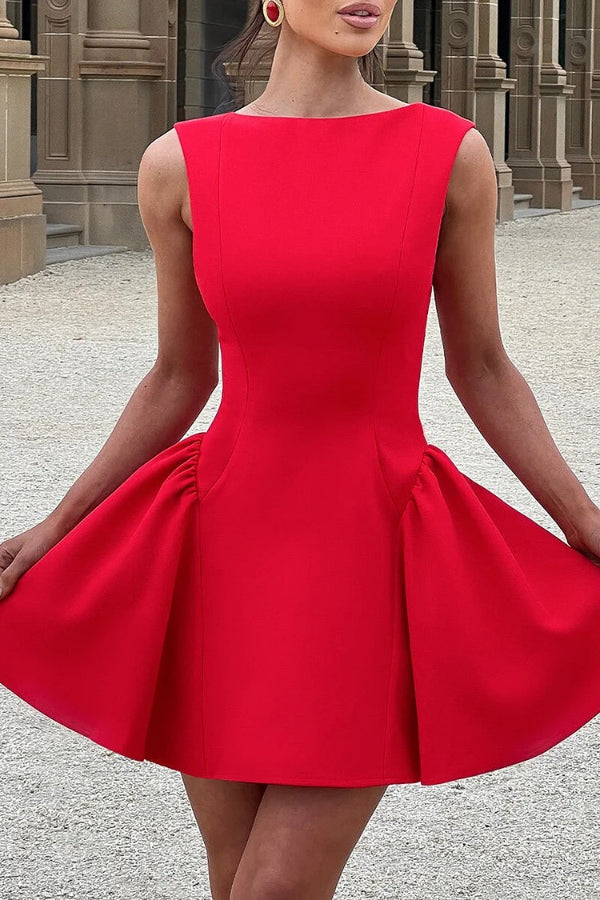 Solid Color Cinch Waist Open Back Mini Tank Dresses-Red