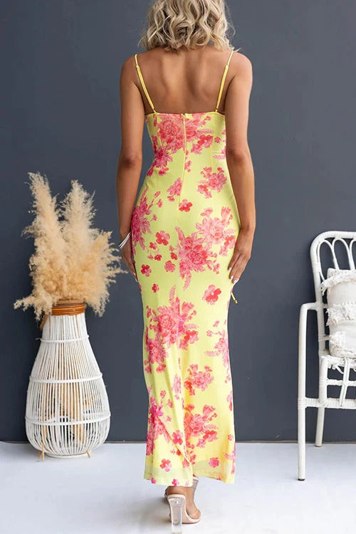 Spaghetti Strap Lace-up Floral Print Maxi Dress