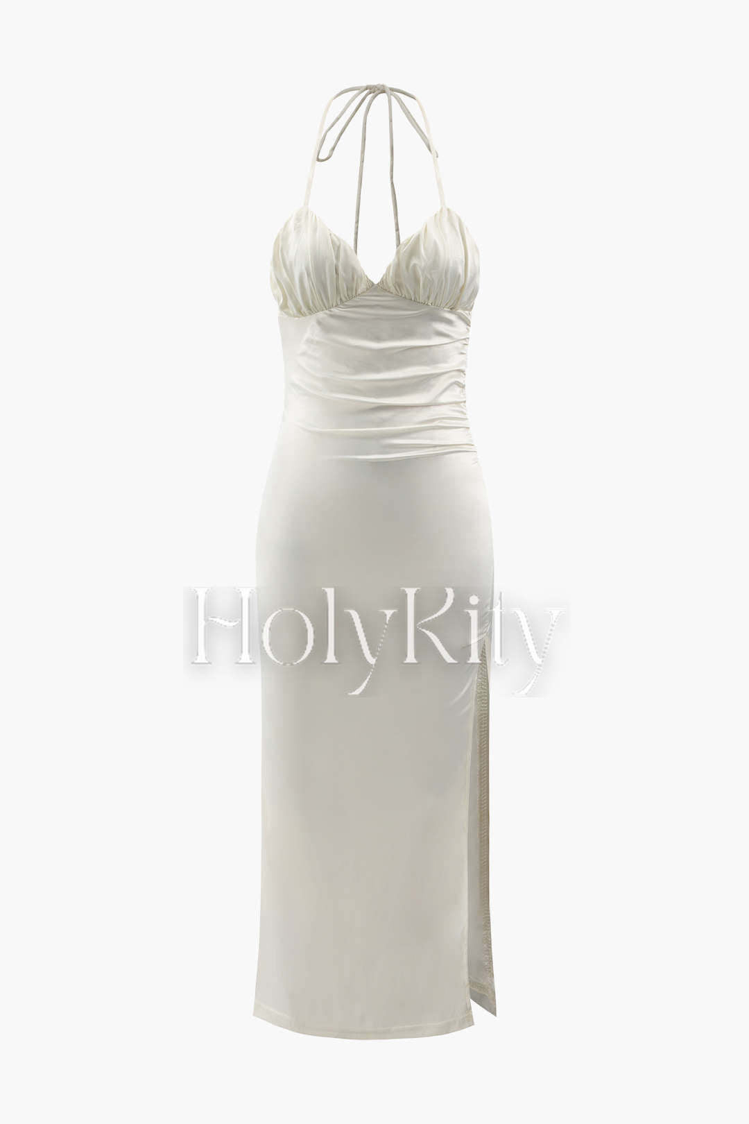 Ruched Bust Satin Halter Slit Maxi Dress