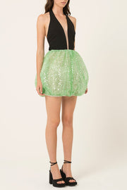 Sleeveless Halter Sequin Puff Hem Tie Up Backless Mini Dresses