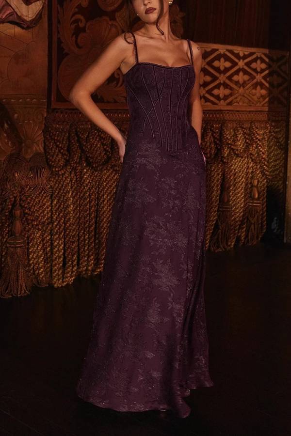 Jacquard Corset-Waist A-Line Maxi Dress