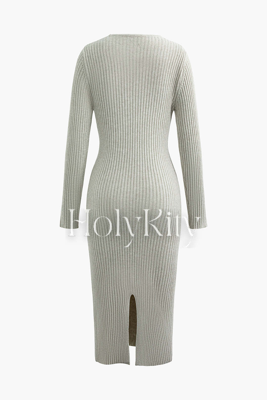 Asymmetric Neck Long Sleeves Slit Rib Knit Midi Dress