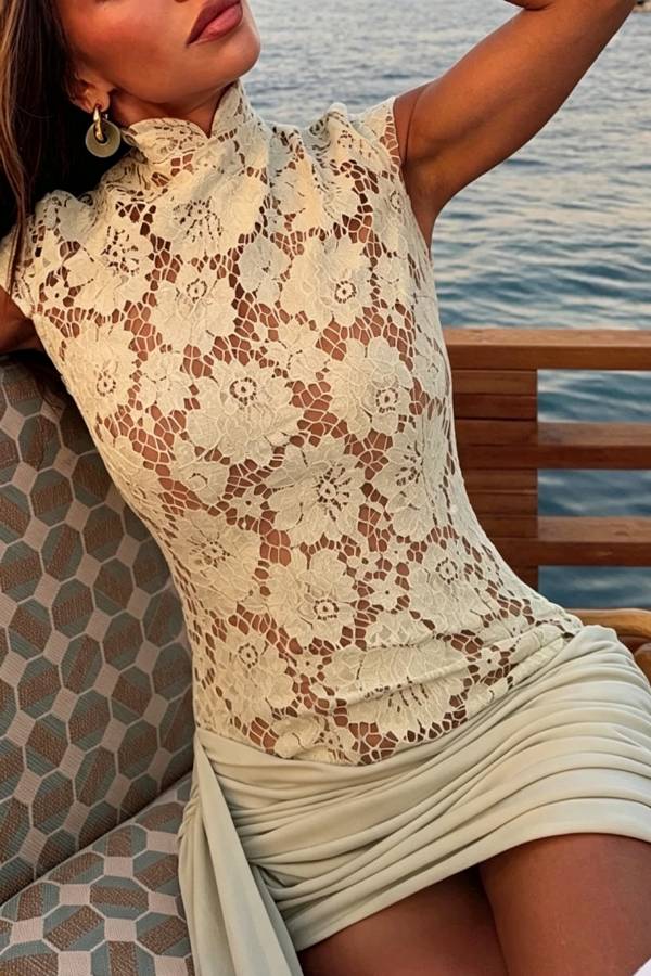 Stella Lace High Neck Short Sleeve Asymmetrical Slinky Drape Bodycon Mini Dress