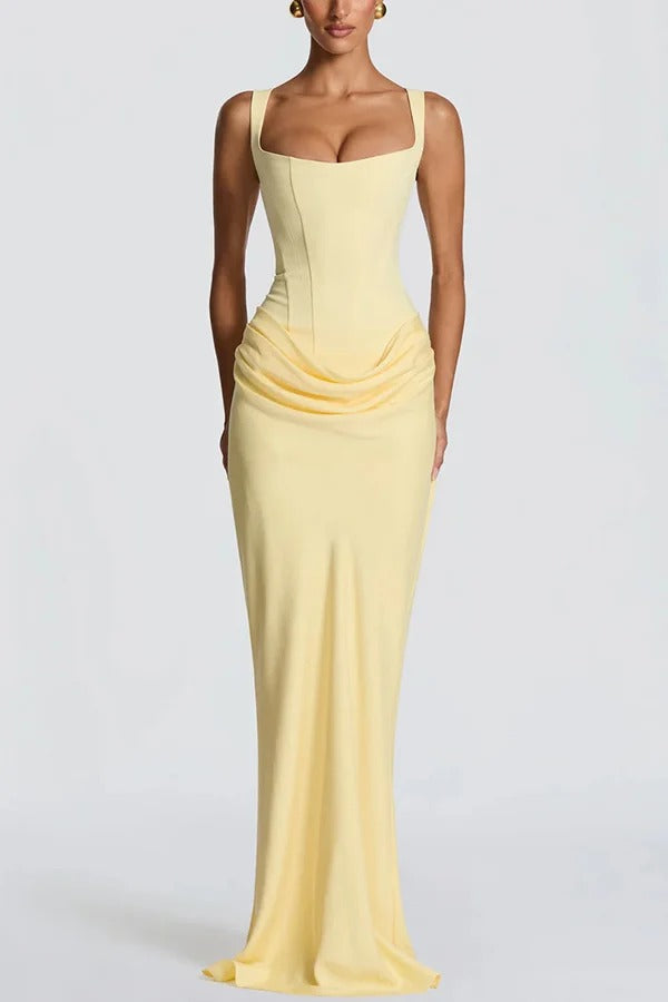 Larrah Square Neck Back Lace-up Satin Drape Hem Maxi Dress