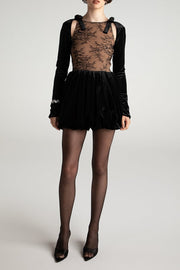 Long Sleeve Mesh Velvet Patchwork Ribbon Cut Out Pleated Mini Dresses