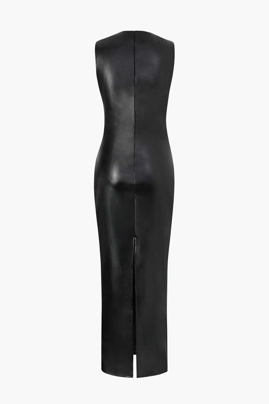 Robe longue fendue en similicuir à épaules asymétriques 