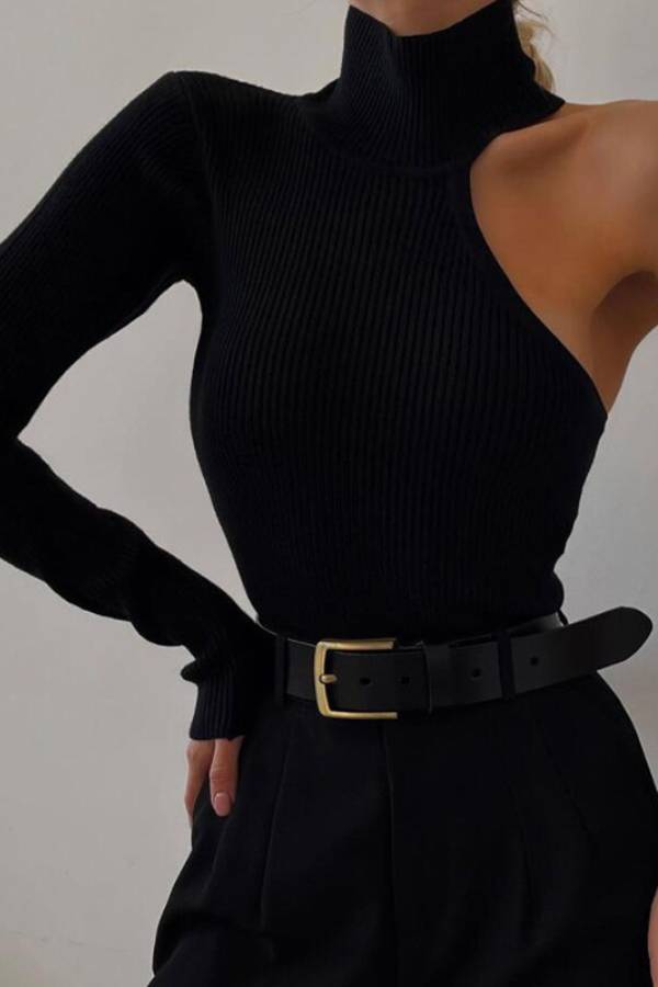 High-neck one-shoulder off-the-shoulder slim-fit knitted bodysuit