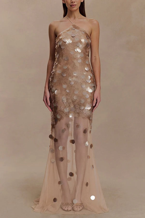 Jenny Hand Sequin Embellished Halter Tulle Hem Maxi Dress