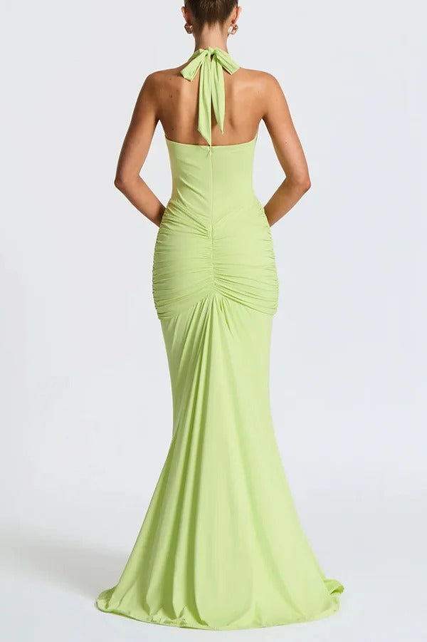 Solid Color Elegant Halterneck V-neck Open Back Tie Gathered Maxi Dress
