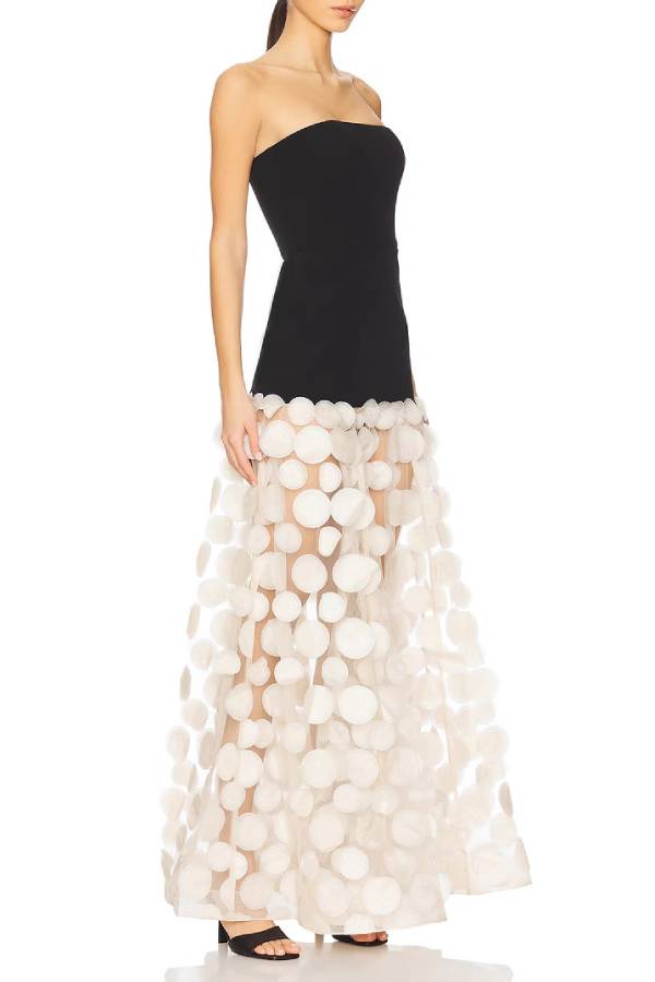 Strapless polka dot mesh gown