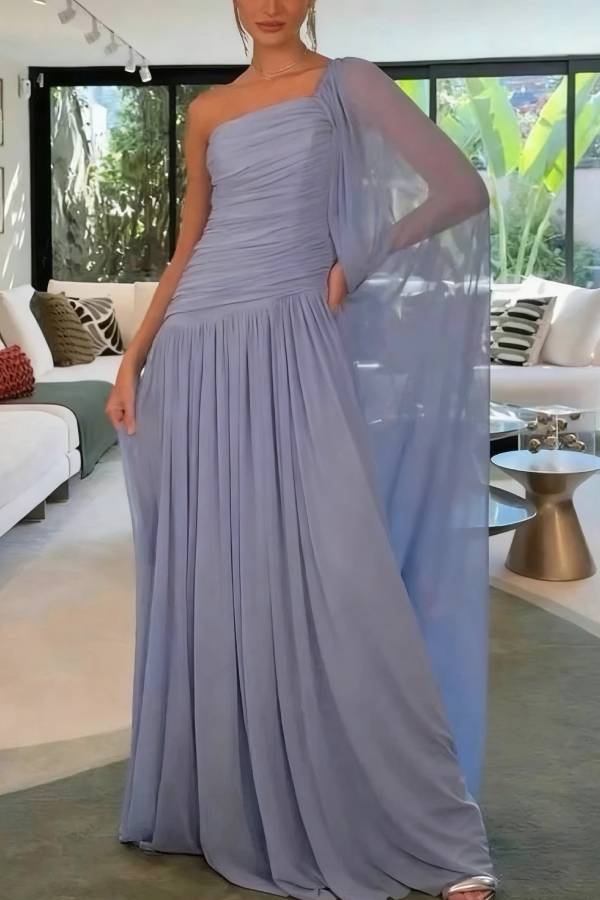 End of Light Chiffon One Shoulder Single-sleeve Shawl Ruched Maxi Dress