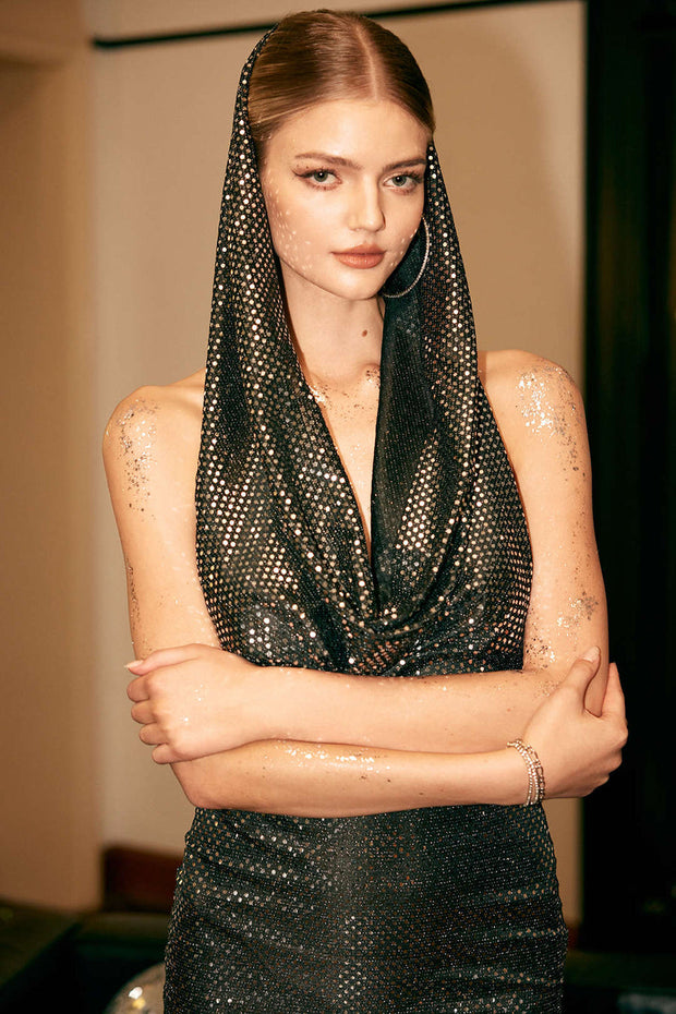 Sequin Cowl Neck Backless Hooded Mini Dress