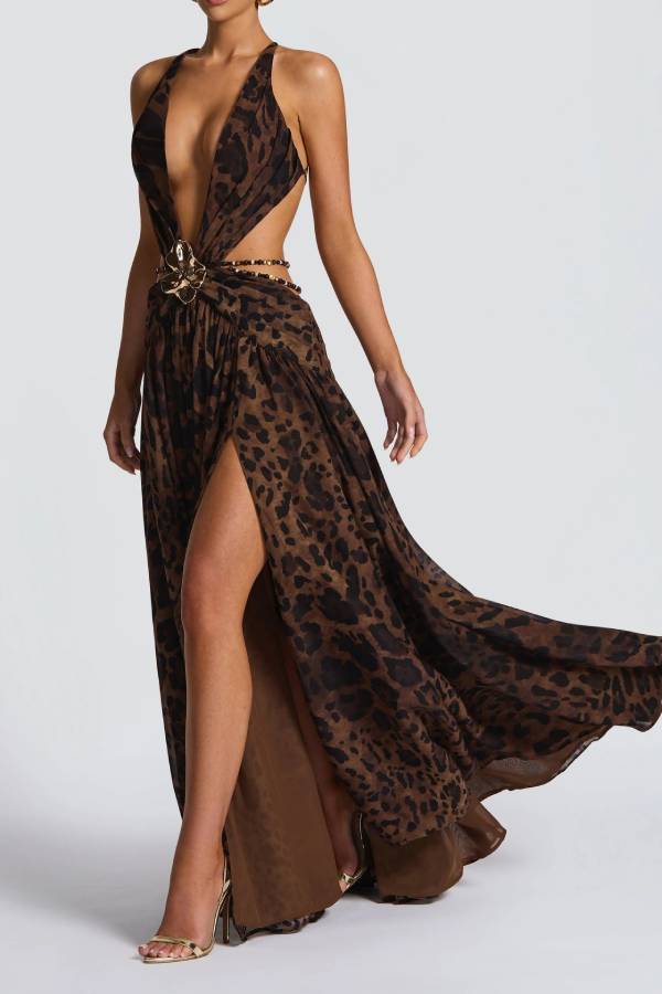 Deep V Cutout High Slit Chiffon Maxi Gown