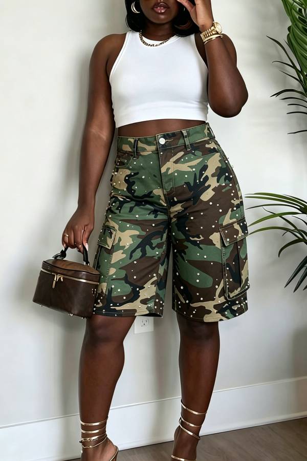 Pearl Embellished Camo Cargo Capri Wide Leg Shorts