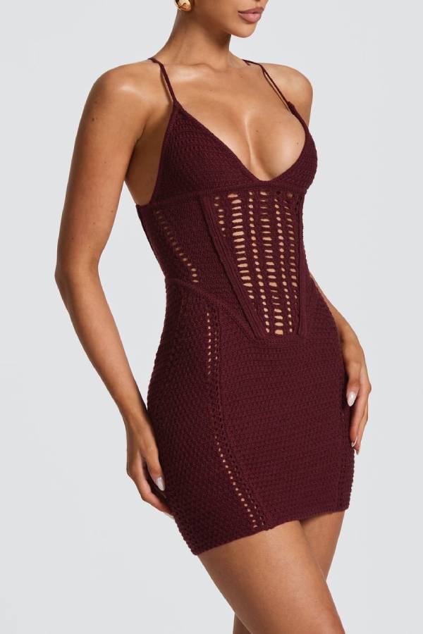 V-Neck Cutout Knit Lace-Up Bodycon Mini Dress