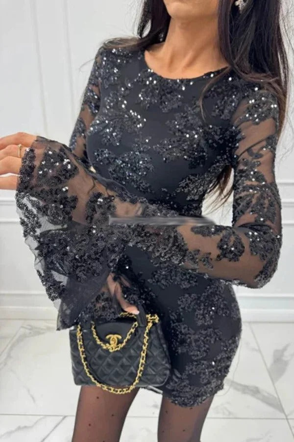 Deep and Dazzling Floral Texture Sequin Long Bell Sleeve Open Back Mini Dress