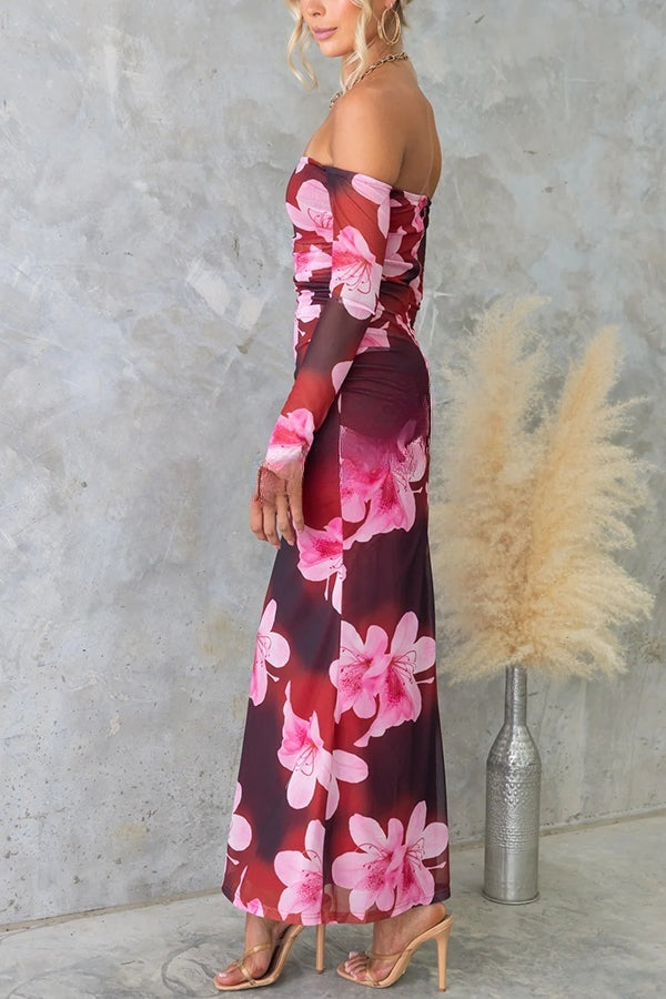 Floral Fantasy Mesh Off Shoulder Long Sleeve Stretch Maxi Dress