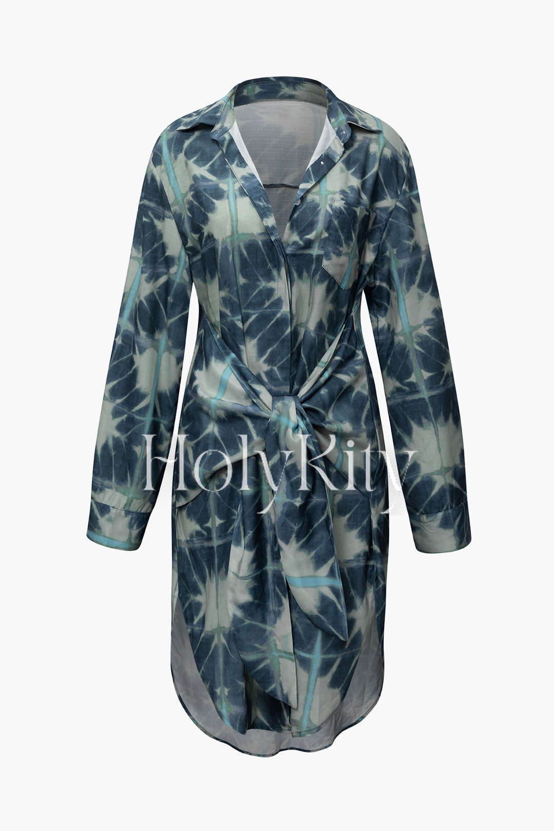 Bedrucktes, langärmliges Midi-Hemdkleid mit Gürtel 