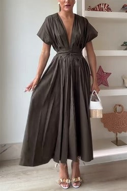 Casual Times Pleated Drop Sleeve Lace-up Pocketed Midi Dress