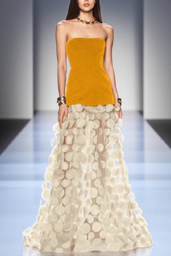 Strapless polka dot mesh gown