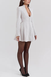 Deep V Neck Long Sleeve Cinch Waist Pleated Mini Dresses-Grey [Pre Order]