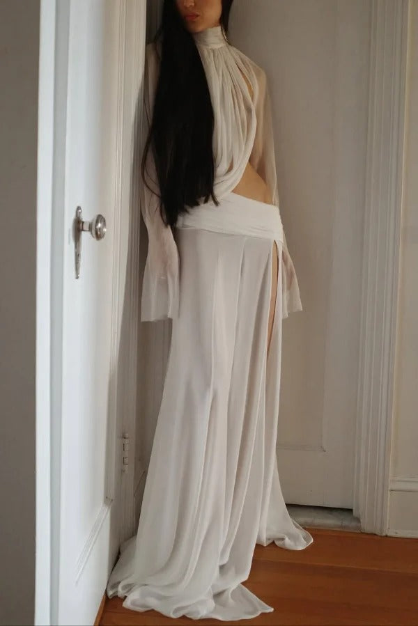 Sexy See-through High-neck Long-sleeved Draped Top and High-waisted Slit Maxi Skirt Vacation Set