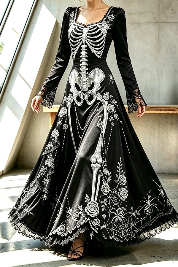 Royal-style Halloween Skull Print Square Neck Long Sleeve Flare Maxi Dress