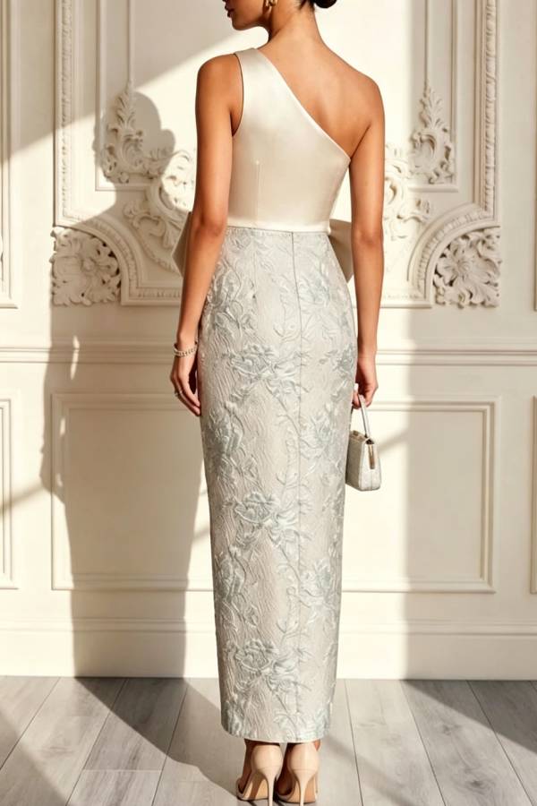 Found Love Satin One Shoulder Jacquard Bow Sleeveless Fitted Maxi Dress