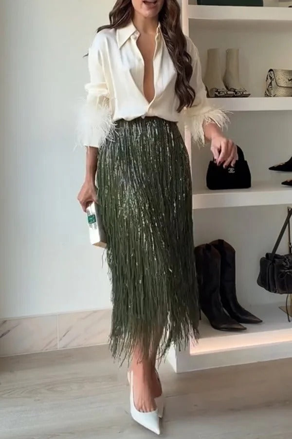 Party Crasher Layered Sequined Tassels High Rise Back Zipper Midi Skirt