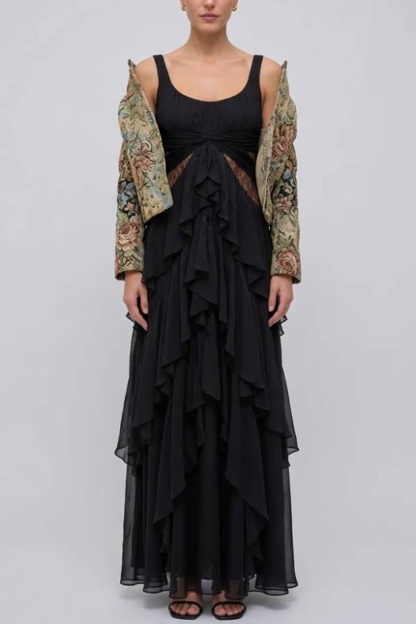Vintage Brocade Cropped Jacket and Ruffle Maxi Dress Two Piece Set