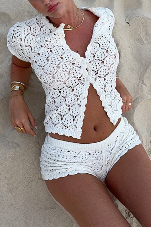 Vacation Style Crochet Knit Short-Sleeve Cardigan & Shorts Set