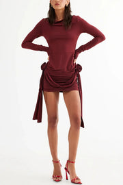 Solid Long Sleeve Round Neck Slim Fit Ribbon Flower Mini Dress