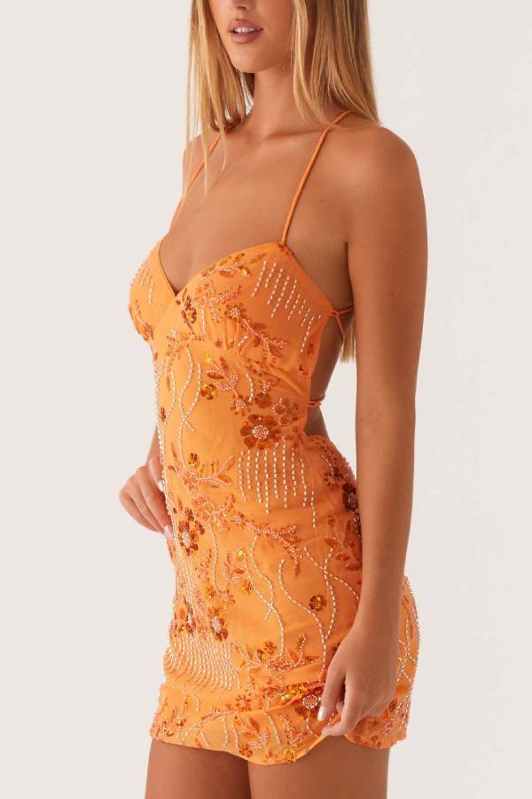 Crisscross Open Back Tie Mini Dress, V Neck Spaghetti Strap Floral Sequin Beaded Mesh Bodycon Party Dress