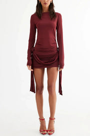 Solid Long Sleeve Round Neck Slim Fit Ribbon Flower Mini Dress